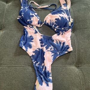 Palm Print two-Piece Swimsuit in Blue and Pink